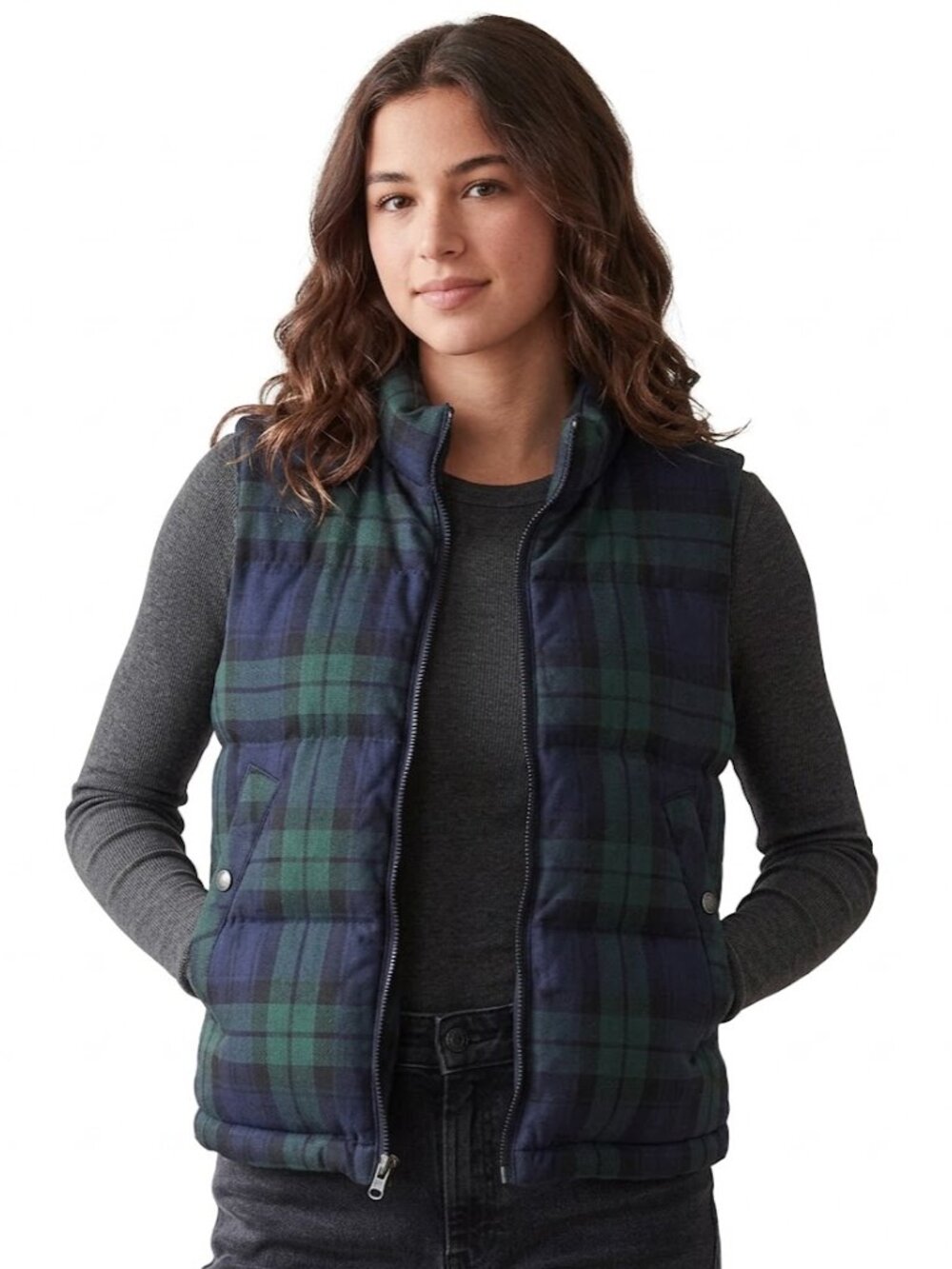 Vintage Eddie Bauer Black Watch Plaid Down Puffer Vest (Women's Large)